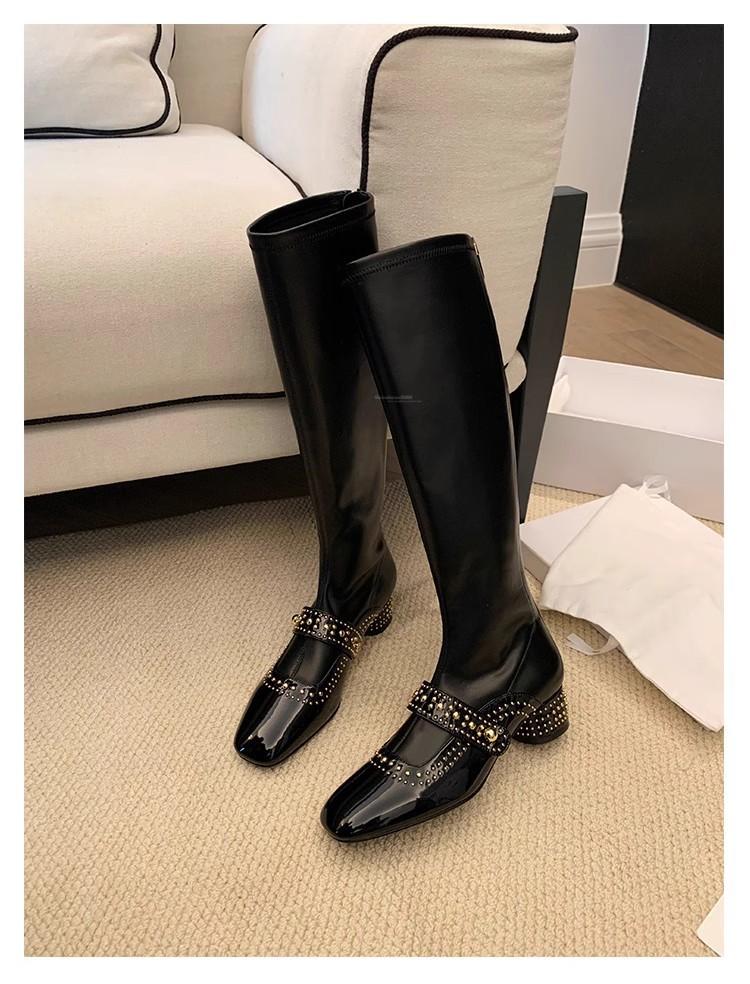 Spot Second Hair! Fashion Versatile New Square Head Rivet Rear Zipper Medium and High Elastic Boots Women's Thin Short Boots