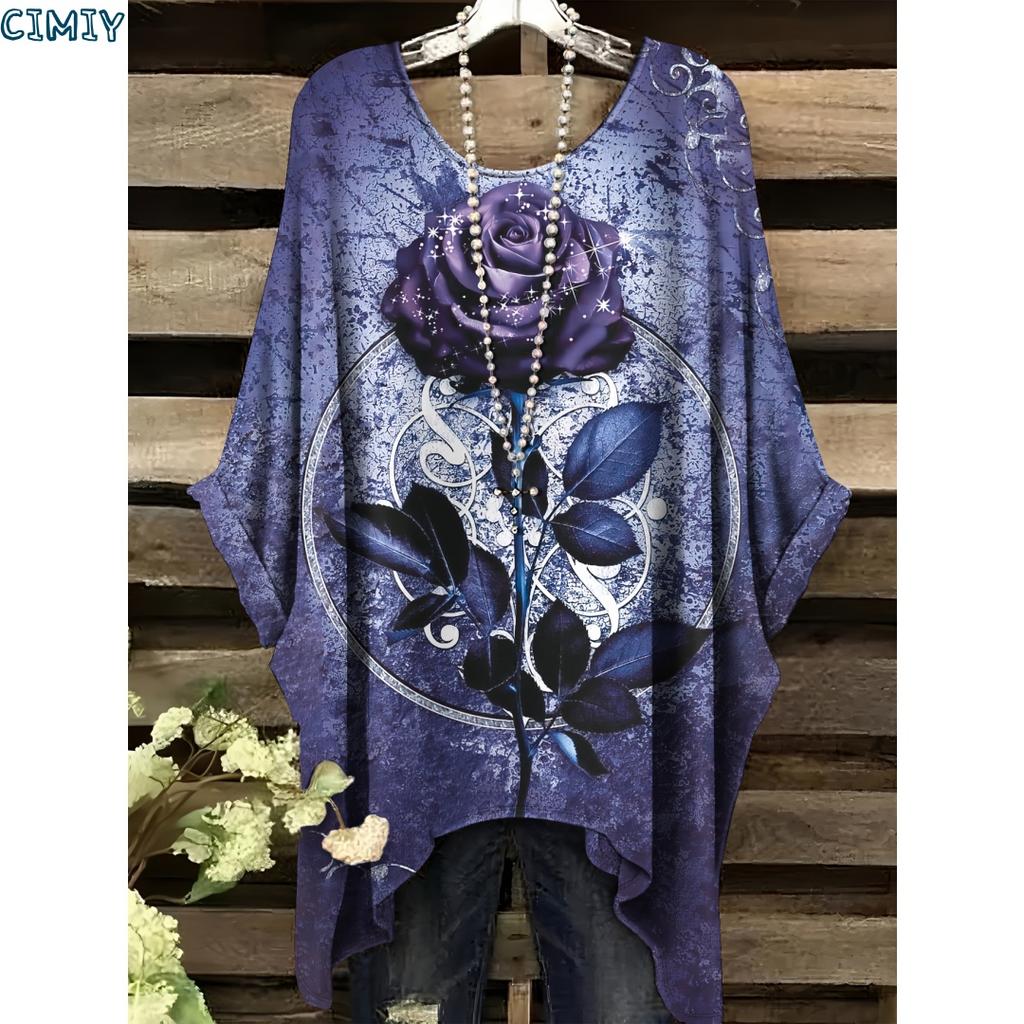 Camiseta con Estampado Floral Elegante Cuello en V Manga Corta Cuello Redondo Ajuste Cómodo Casual Perfecta para Ropa Informal Top para Todas las Estaciones Verano