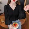 Spring Autumn New Spliced Knitted Top Women's V-neck Long Sleeve Knittwear T-shirt Solid Color Bottoming Shirt