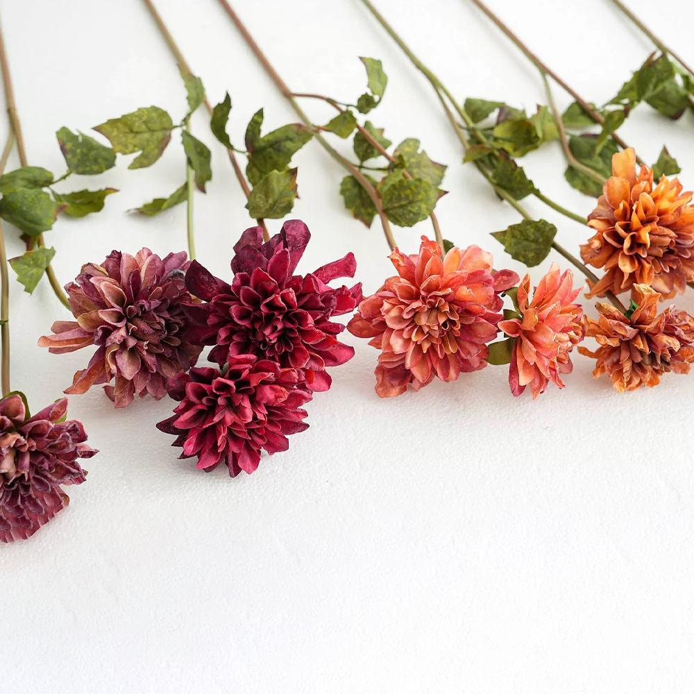 Jesienne Sztuczne Kwiaty Dalii Dekoracja Vintage Przypalane Krawędzie Jedwabne Kwiaty do Domu Dekoracja na Ślub Jesienna Tematyka Centralne Elementy