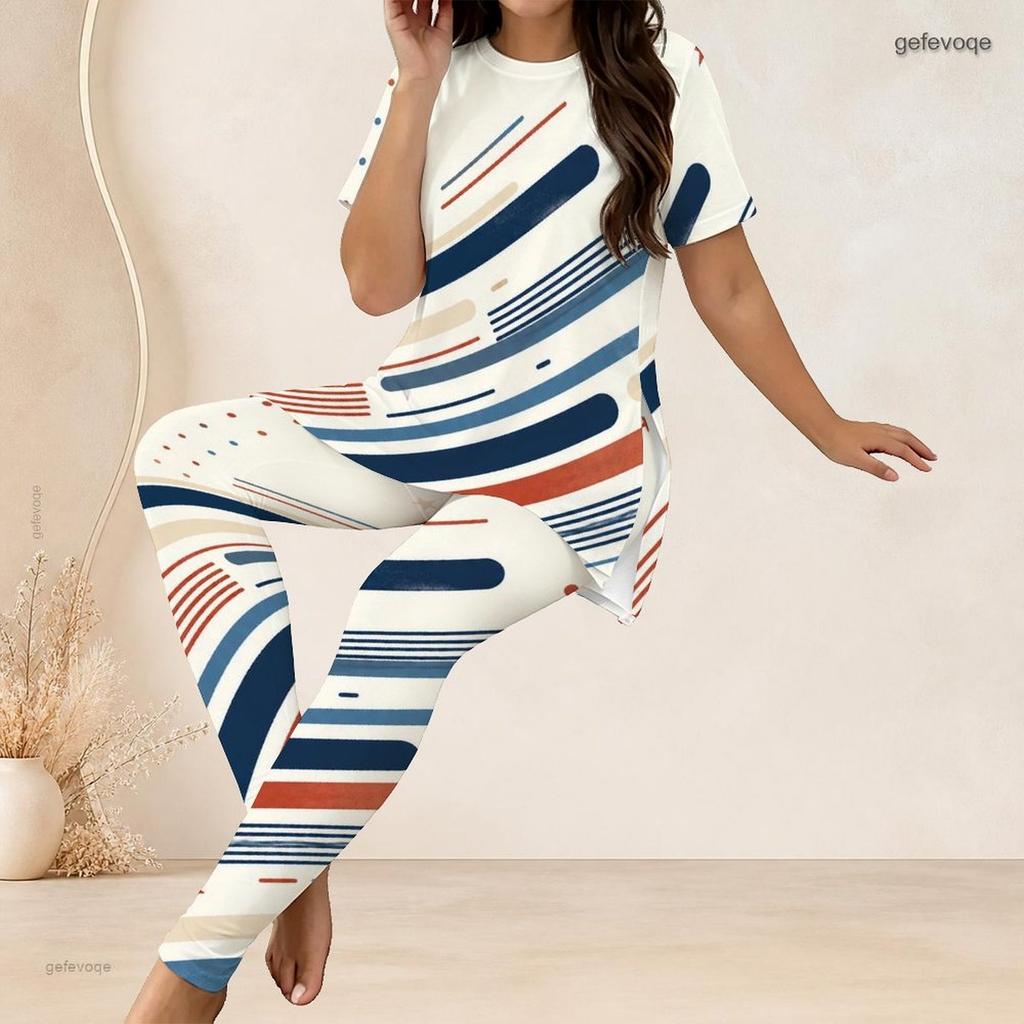 Women Plus Size White Red Blue Printed Round Neck Short Sleeve Longline Top Fitted Pants Two Piece Set