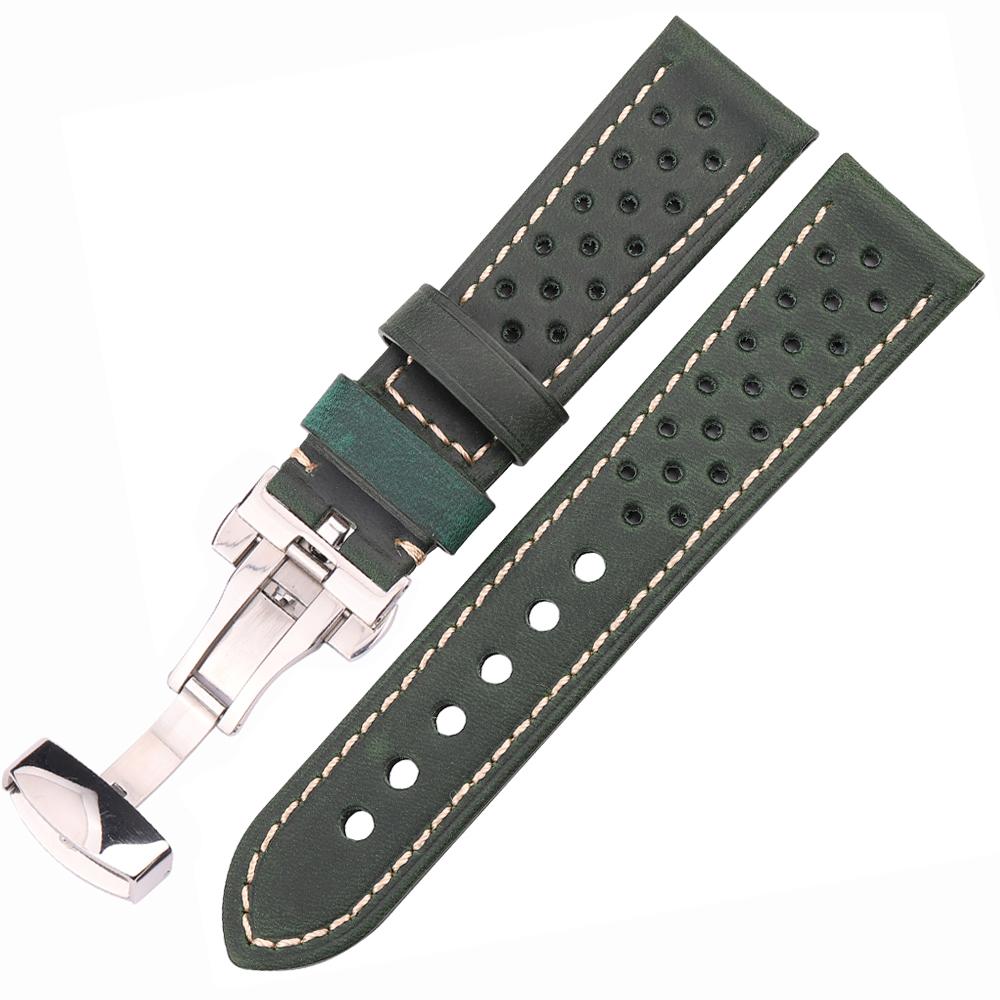 

Genuine Leather Watch Band Bracelet 20mm 22mm 24mm Cowhide Vintage Watchband Deployment Clasp for Samsung Galaxy Watch 3 4 Strap 24mm темно-зелений колір