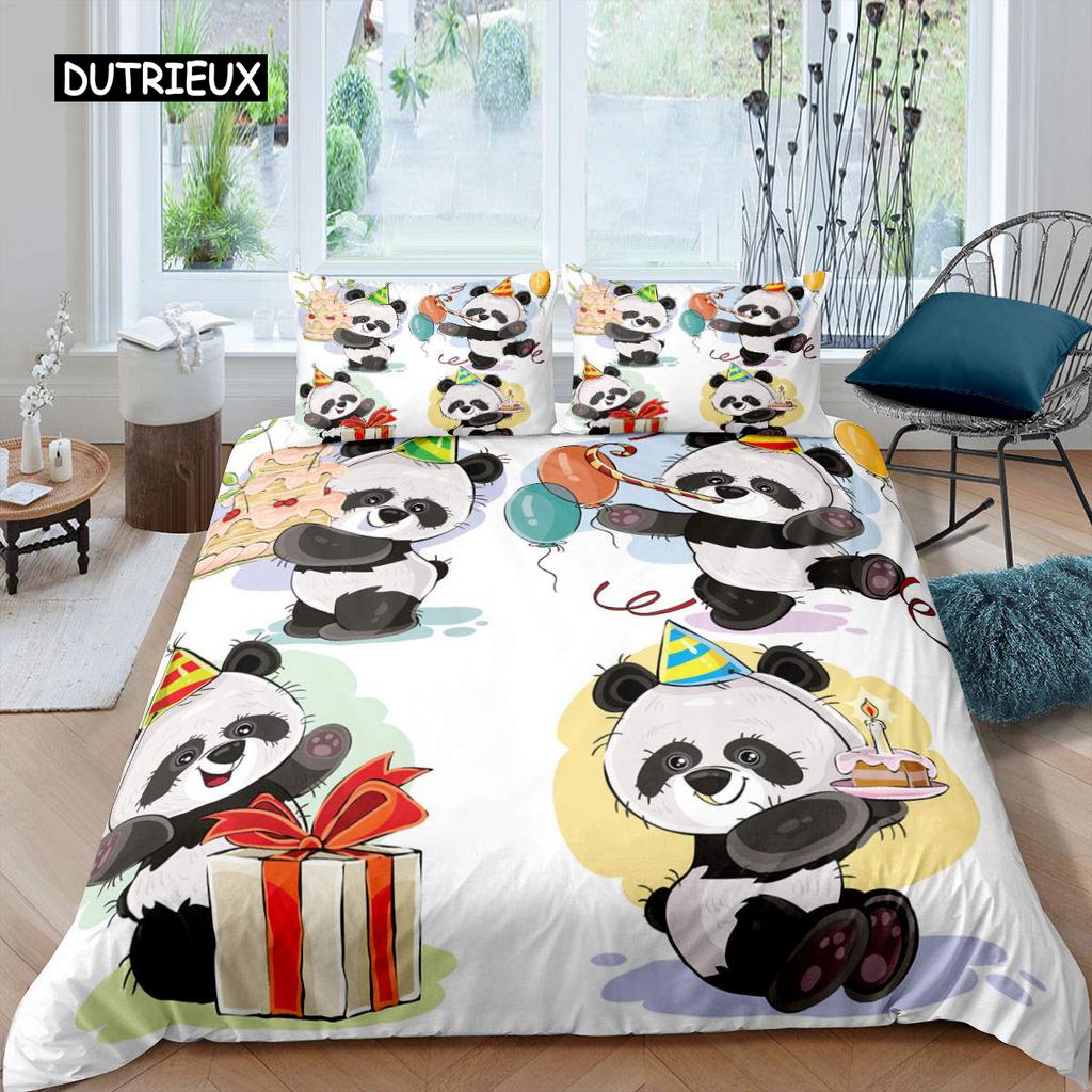 Panda Duvet Cover Set Cherry Blossoms Cute Animal Bedding Set Flower Branches Cartoon Double Queen King Polyester Quilt Cover
