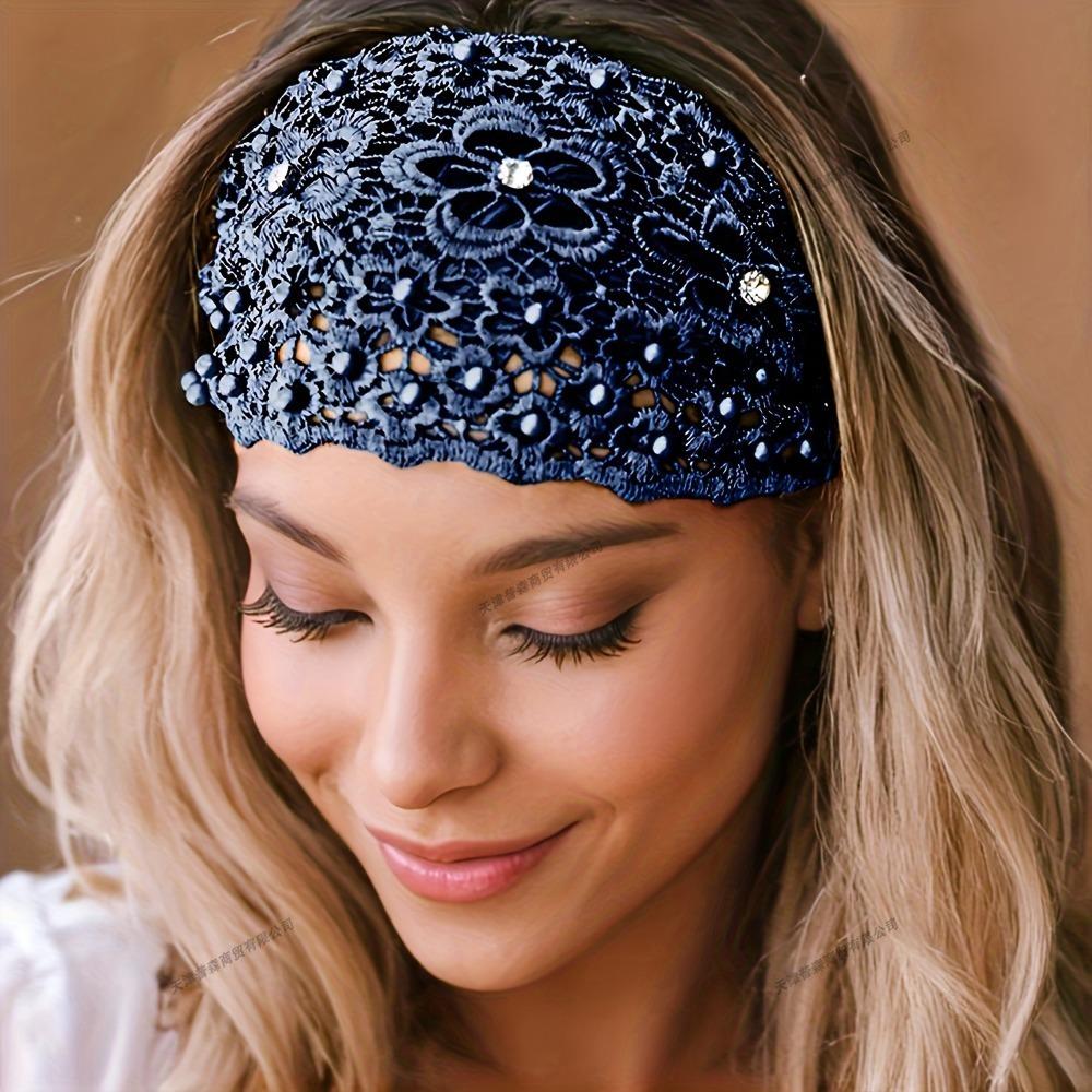 Bloemen Kant Hoofdband met Kristal Kralen Brede Elastische Ademende Haarband voor Vrouwen Mode Haaraccessoires Casual Feest Bruiloft
