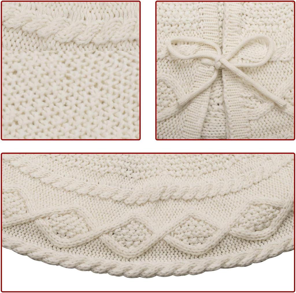 White Knitted Christmas Tree Skirt with Tie-Up Apron