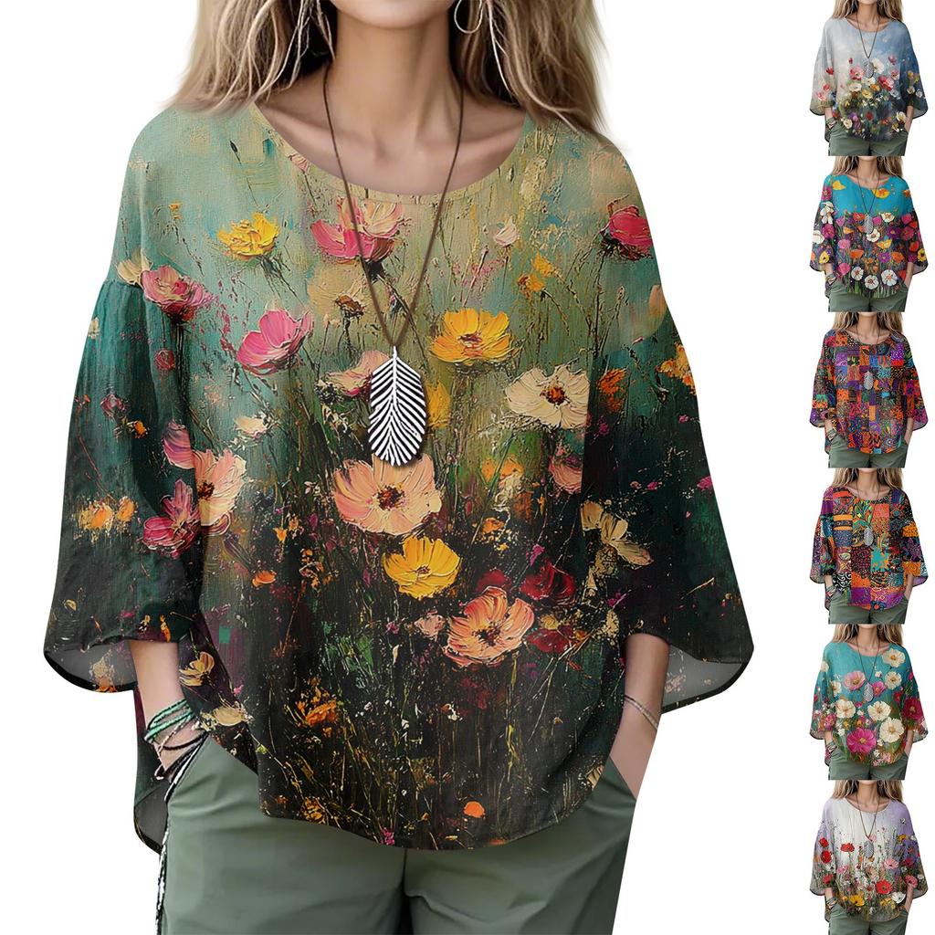 Summer Tops For Women Cute V Neck 3/4 Sleeve Blouses Floral Print Top Casual Shirts