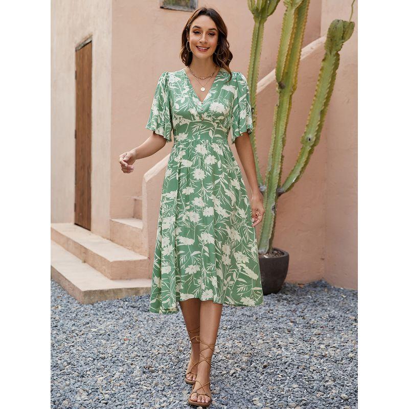 

Bohemian New V-neck Print Three Buckles Elastic Waist Cotton Silk Lotus Sleeve Mid-Length Dress Vacation Women Green XL