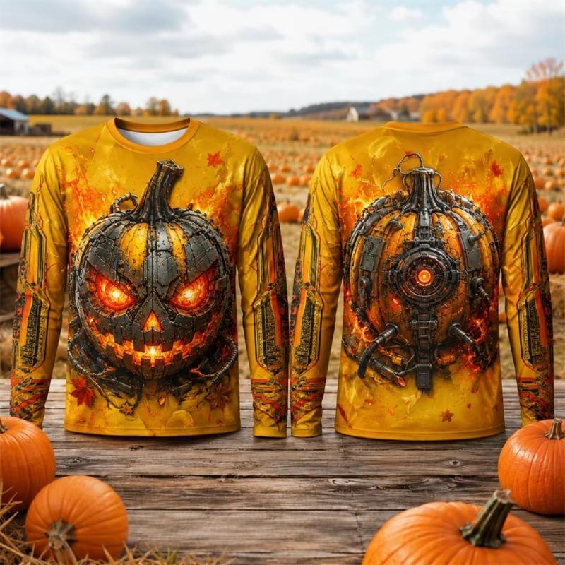 Halloween Long Sleeve T-Shirt Men Mechanical Cyber Jack O Lantern Pumpkin 3D Printed Casual Breathable Fashionable Quick-dry Top