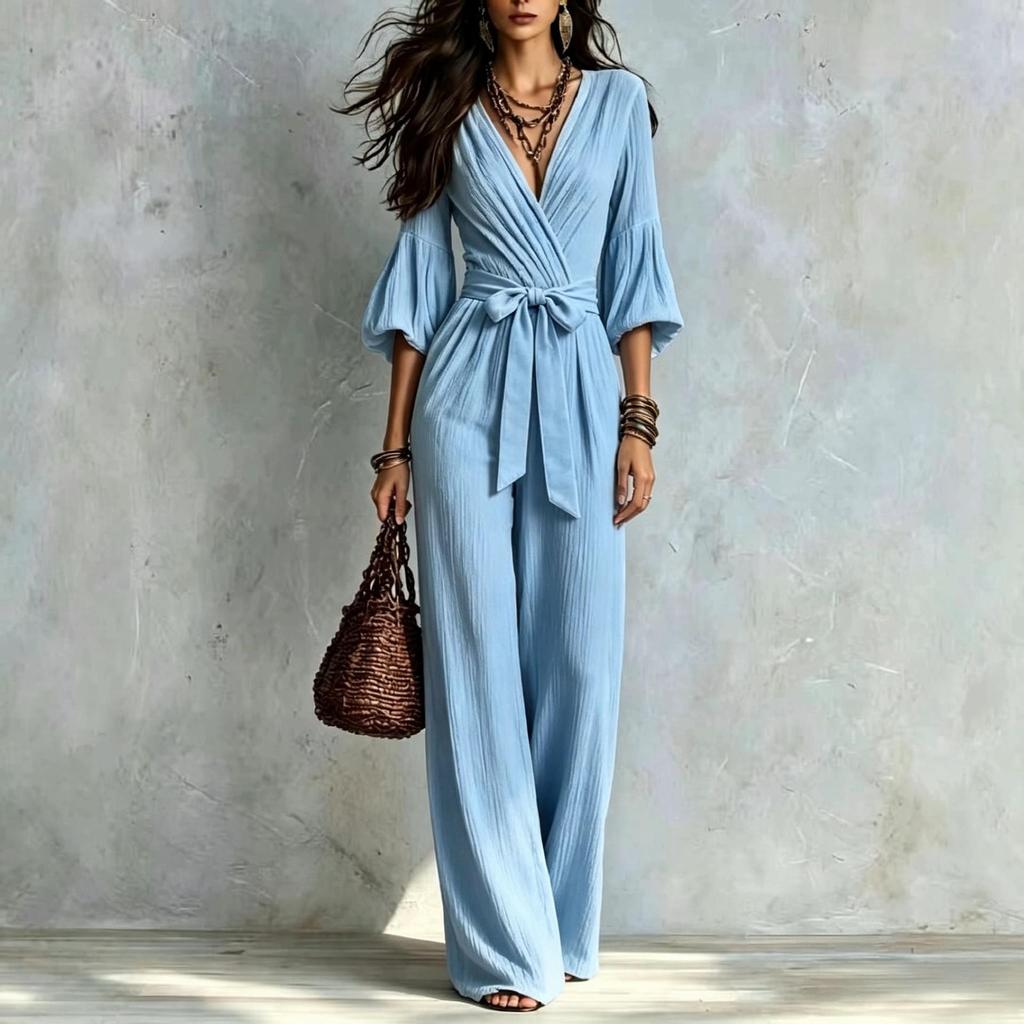 Women V Neck Wrap Tie Waist Wide Leg Jumpsuit Solid Color Casual Loose Fit