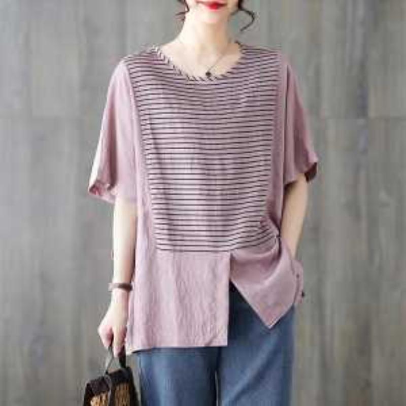 Summer Thin Striped Loose Round Neck Pullover Printed Top New Ice Silk Cotton Linen Women's T-shirt