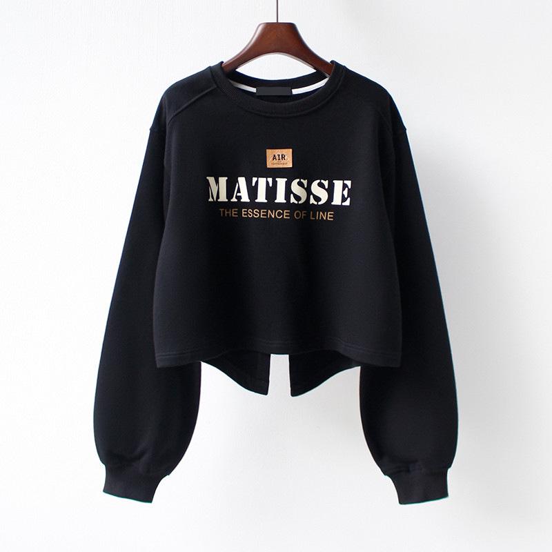 Women's 2023 Spring/Autumn Thin Loose Round Neck High Waist Short Sweatshirt with Back Slit