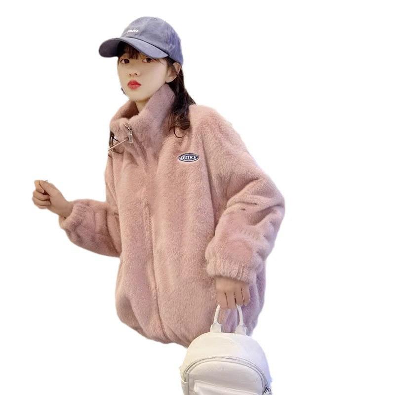 Jacket women's autumn and winter loose short top stand-up collar imitation fur zipper thickened coat rabbit fur temperament commuting