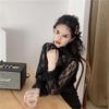 Black Long Sleeve Lace High Neck Mesh Top - Sexy Hollow-Out Fairy Chiffon Shirt for Women