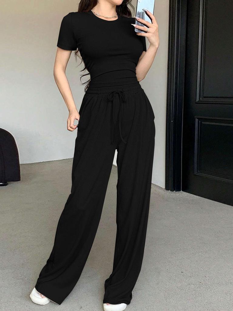Women's Casual Solid Color Slim Fit Pants & Short Sleeve Top Set - Summer Fashion Arrival