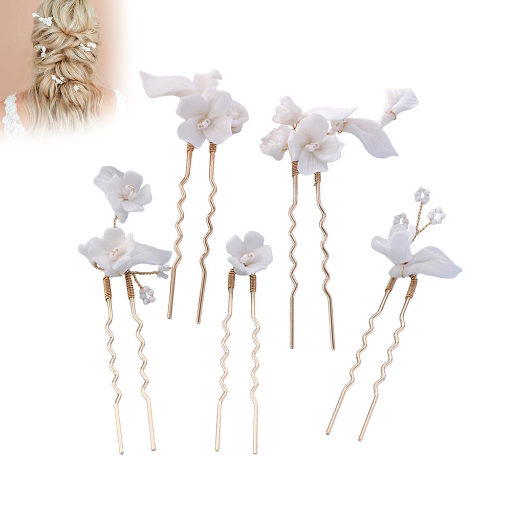 5PCS U-Shape Hairpin with Ceramic Flower Anti-slip Stable Grip Wedding Bridal Headdress for Birthday Stage Party Hairstyle Making
