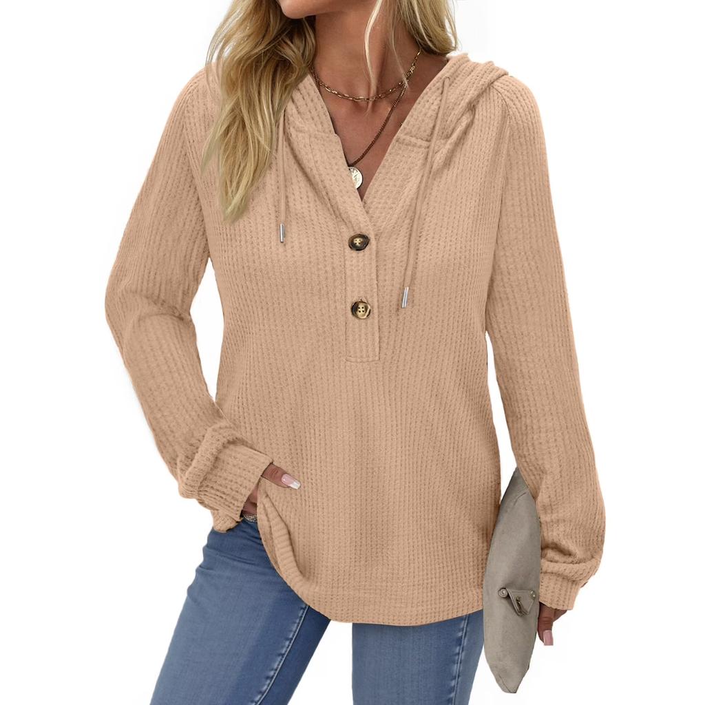 Women's Fashion Long-Sleeve Solid-Color Hooded Button-Up Casual Sweatshirt Top