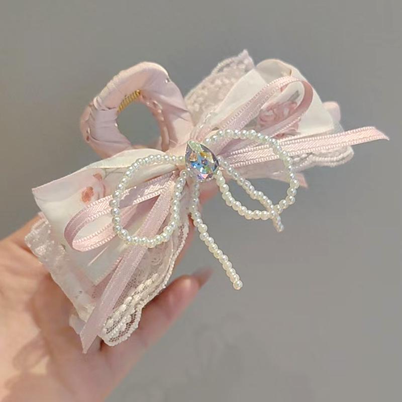 Elegant Pearl Rhinestone Bow Claw Clip: High-End Women's Shark Clip for Voluminous Updos