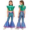 Costume da Sirena per Bambini 2 Pezzi Canotta Metallizzata Senza Maniche con Strass Crop Top Arricciato con Elastico in Vita Pantaloni a Zampa Arricciati Stampa a Squame di Pesce