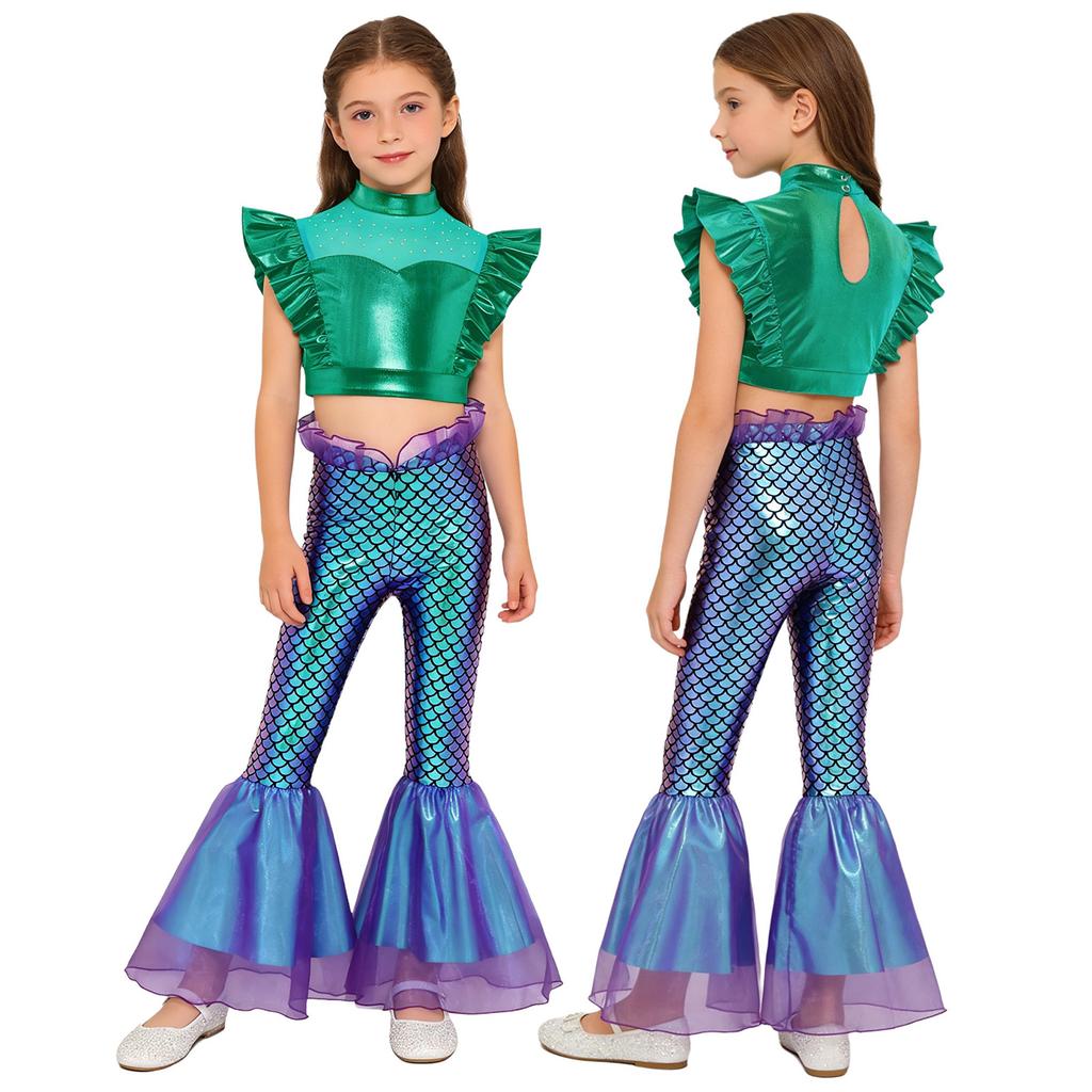 Costume da Sirena per Bambini 2 Pezzi Canotta Metallizzata Senza Maniche con Strass Crop Top Arricciato con Elastico in Vita Pantaloni a Zampa Arricciati Stampa a Squame di Pesce