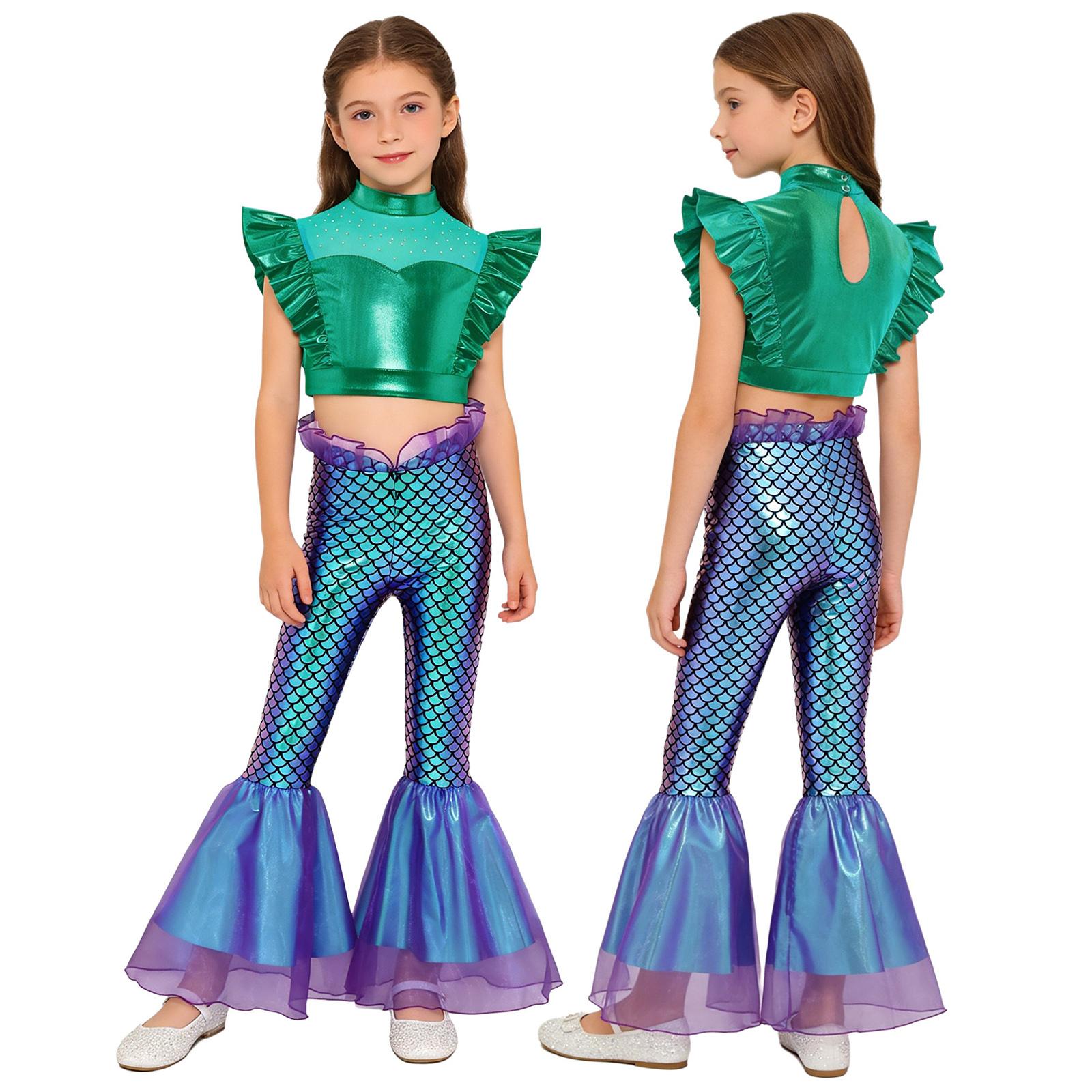 

Children‘s 2 Piece Mermaid Costume Sleeveless Ruffle Top with Rhinestone Adorned Metallic Tank and Elastic Waist Ruffle Flare Pants