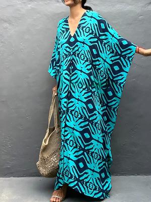 Cotton Drawstring Beach Cover-up: Long Loose Vacation Dress with Sun Protection