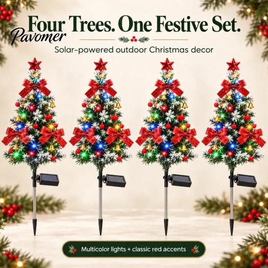 Decorative Christmas Lawn Stakes Solar Tree Stake Light, LED Lighted Artificial with Bow Star Party Supplies Bell Ball, IP65 Waterproof Garden