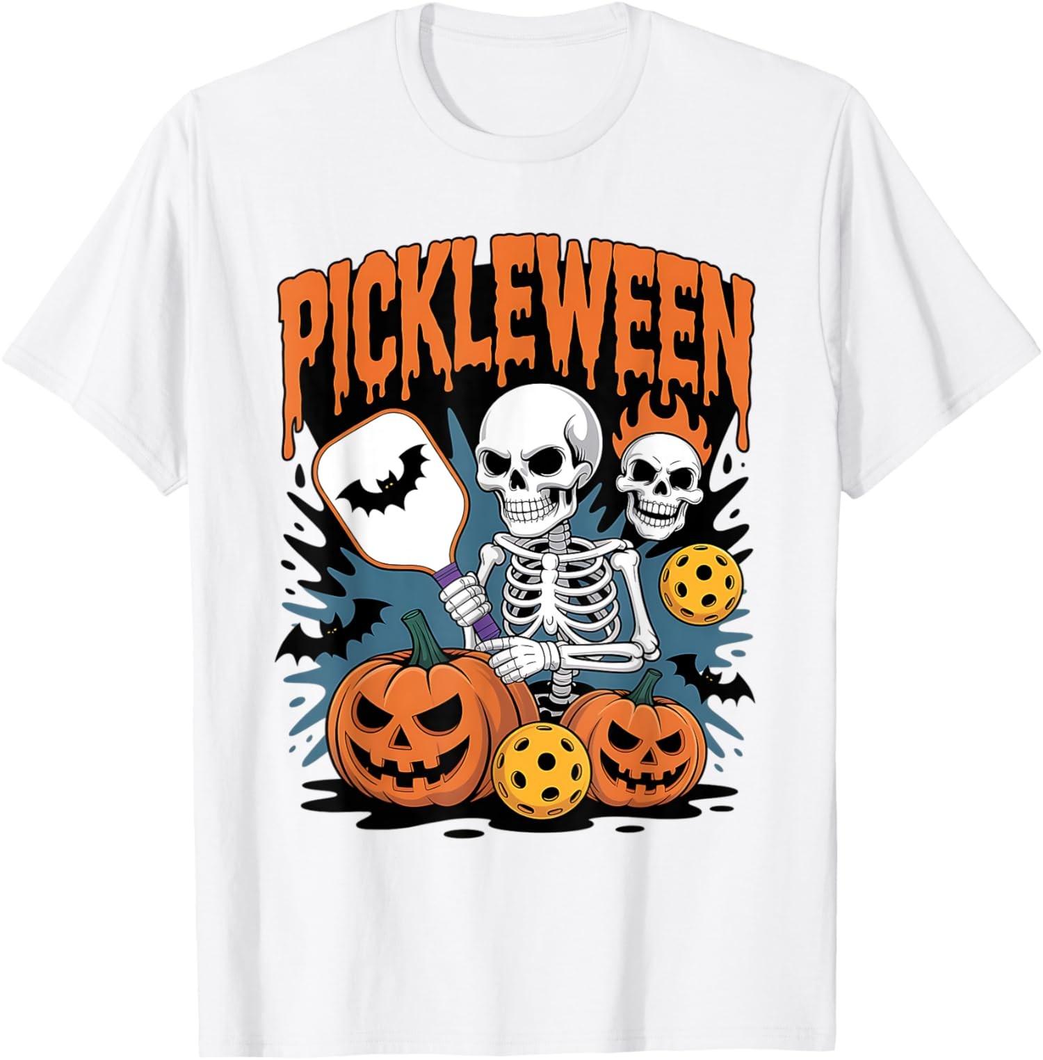Spooky Pickleween Skeleton with Pumpkins Halloween Unisex T-Shirt S