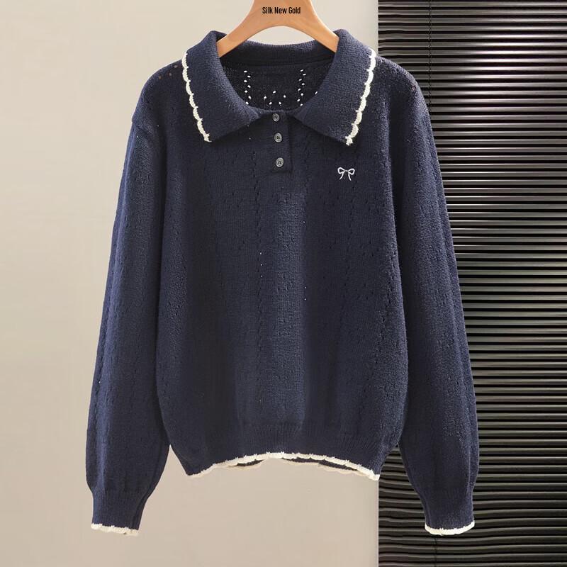 Women s Relaxed Fit Embroidered Bow Lapel Knit Pullover One Size