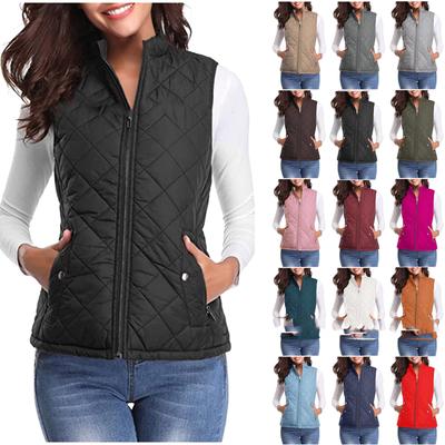 Women's Fashion Casual Solid Color Stand Collar Zipper Pocket Warm Cotton Vest Coat