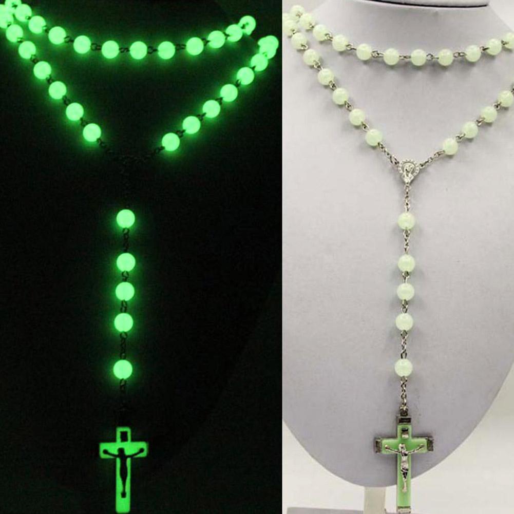 Glow In The Dark Rosary Beads Necklace Cross Pendant Necklace - Luminescent Catholic Rosary Religious Jesus Chains For Women Men