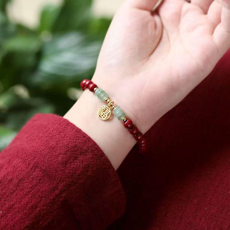 

Purple Gold Sand Cinnabar Bracelet with Fu Pendant – Auspicious Gift for Women’s Birth Year 6mm Beads