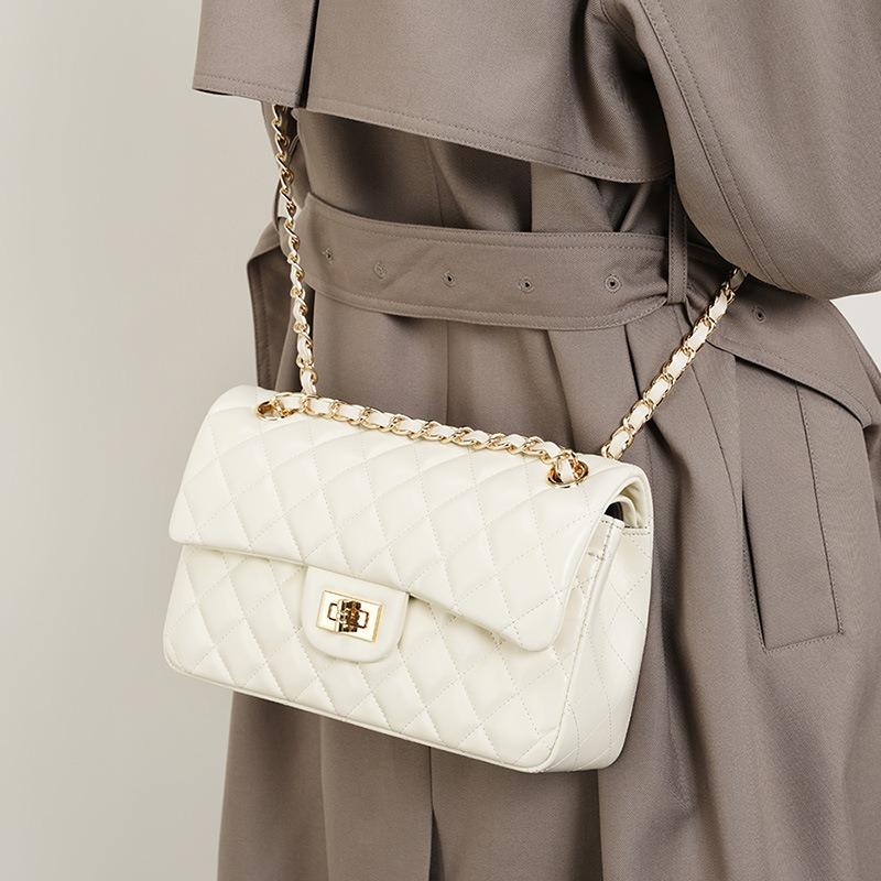 Rindsleder-Tasche, Rindsleder-Kette, kleiner Duft-Stil, modische Rauten-Gitter-Tasche, Einzel-Schulter-Umhängetasche für Damen, kleine quadratische Ledertasche