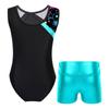 Girls Dance Leotard Sleeveless Patchwork Print Metallic High Waist Shorts Gymnastics Performance Outfit