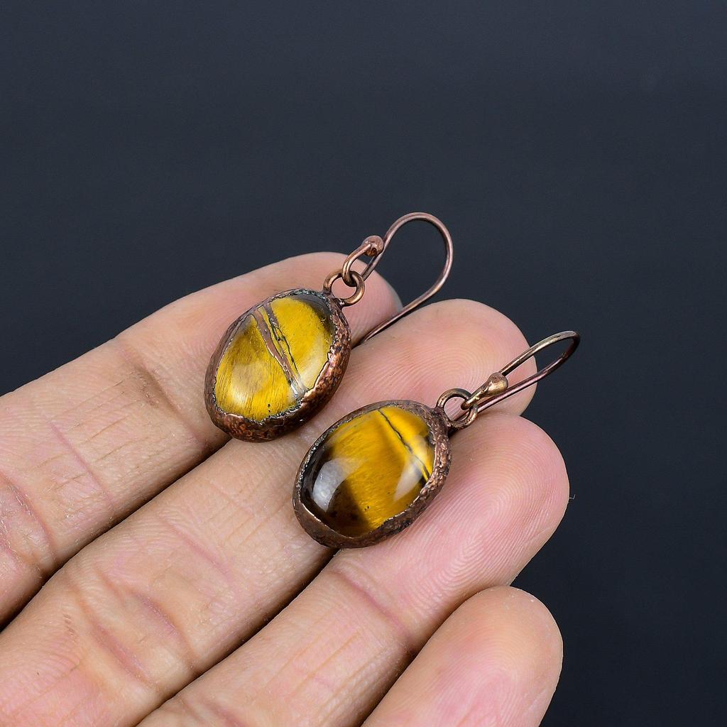 Tiger's Eye Copper Electroformed Earrings, Handmade Gemstone Earrings, Gift For Mom Antique Jewelry