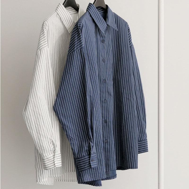 Loses Damen-Shirt, große Größe, langärmelig, gestreift, lässiges Damen-Top