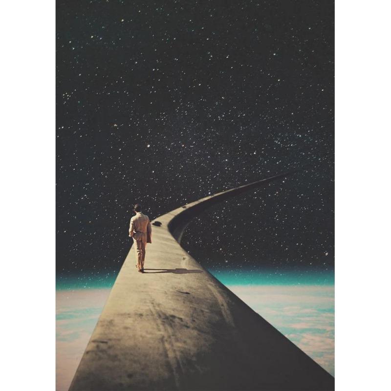 Vinatge Space Collage Night Sky Posters Canvas Painting Galaxy Moon Surrealism Wall Picture for Living Room Decoration At Home