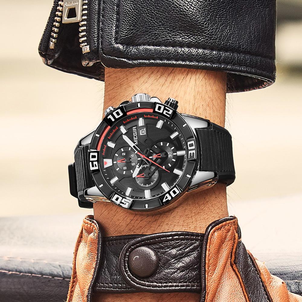 Neue MEGIR Chronograph Sportuhr Männer Großes Zifferblatt Wasserdicht Militär Quarz-armbanduhr Mann mit Silikonband Drop Shipping