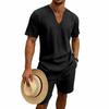 Men's Linen V-Neck Short Sleeve T-Shirt and Shorts Set - Solid Color Beach Casual Wear