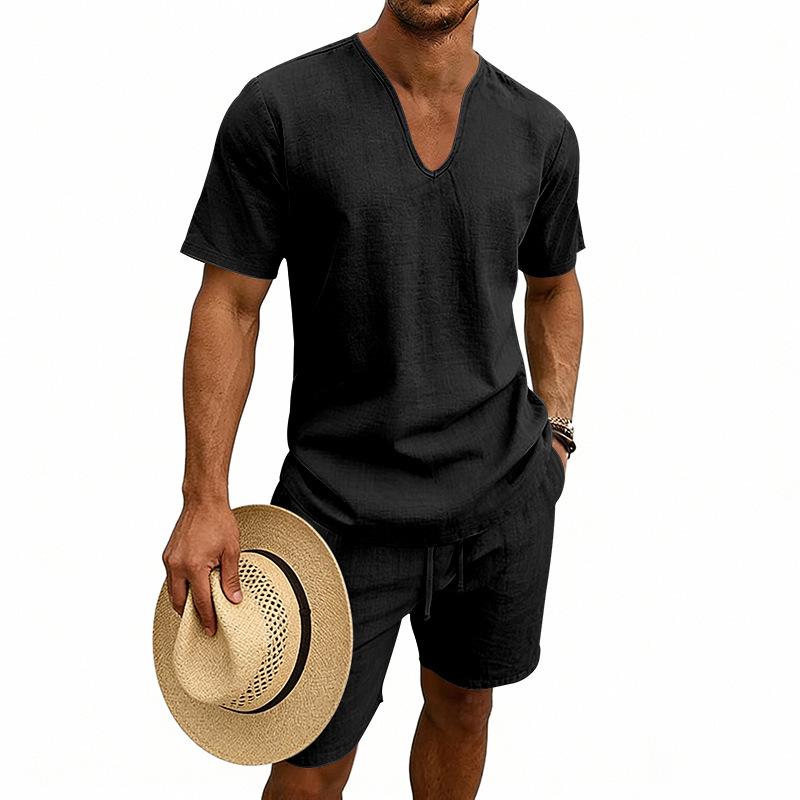 Men's Linen V-Neck Short Sleeve T-Shirt and Shorts Set - Solid Color Beach Casual Wear