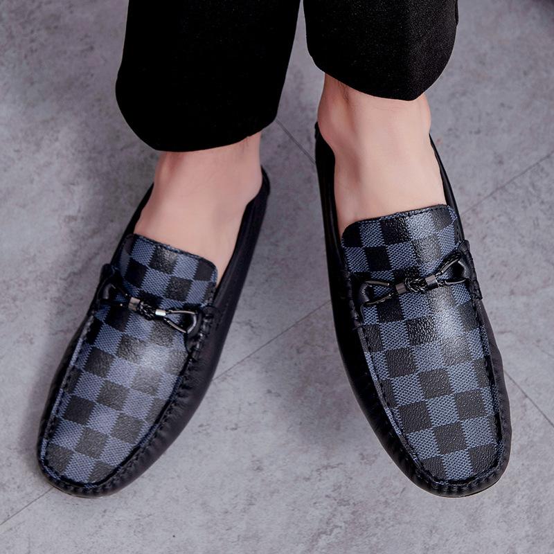 Herrenschuhe Doudou-Schuhe Ein-Pedal-Faul-Fahren-Lederschuhe Sommer Low-Top Kariert Rindsleder-Oberfläche Freizeitschuhe Einzelne Schuhe