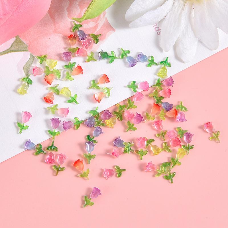 10 sztuk Lśniący Mini Żywiczny Kwiat Tulipana Miniatury Figurki do Terrarium Ozdoby Akcesoria do Dekoracji Samochodu Domu Losowy Kolor