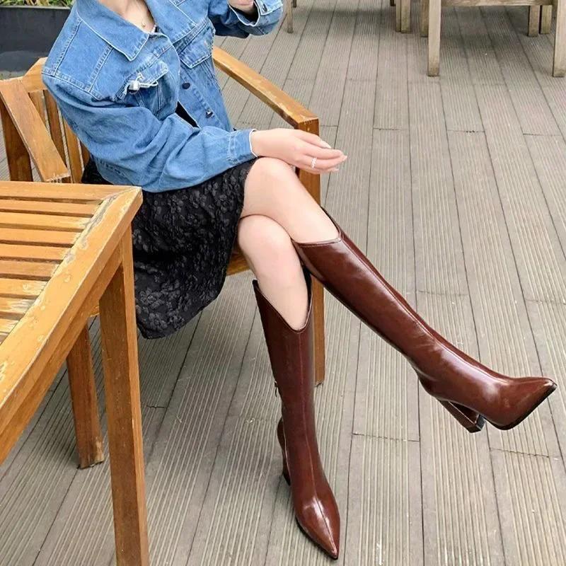 Pu Leather Long Boots Women Fashion V-Port Pointed Toe Knee High Boots Ladies Sexy Chunky High Heel Shoes Botas