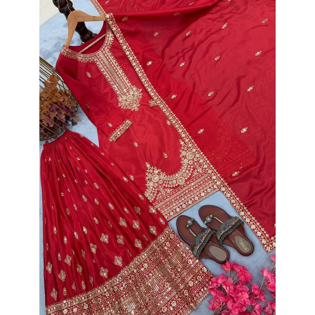 Launching New  Đěsigner Party Wear Look Pur Chinon Silk Top Plazzo & Dupatta Set