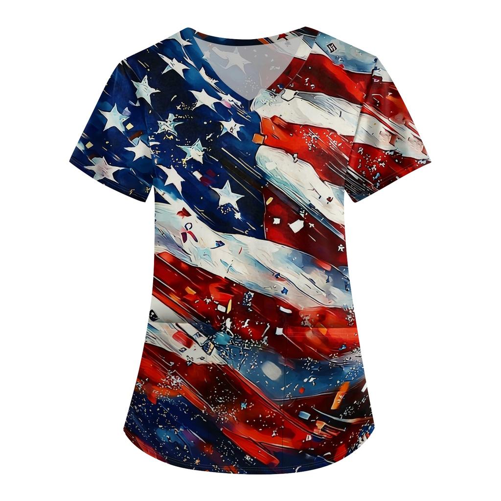 Women V Neck Short Sleeve Printed Scrub Top Nurse Uniform Shirt Comfortable Lightweight Fabric Loose Fit