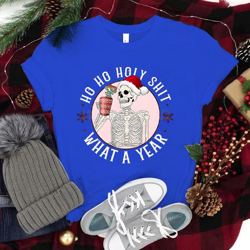 Ho Ho Ho Weihnachtsshirt mit kurzen Ärmeln für Damen Weihnachtsmannmütze Totenkopf Street Style Kleidung Damen Trendiges Neujahrsshirt