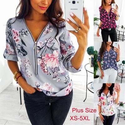 Women Casual V Neck Shirts Ladies Front Zipper Blouse Loose Floral Printed Tops Plus Size S-5XL
