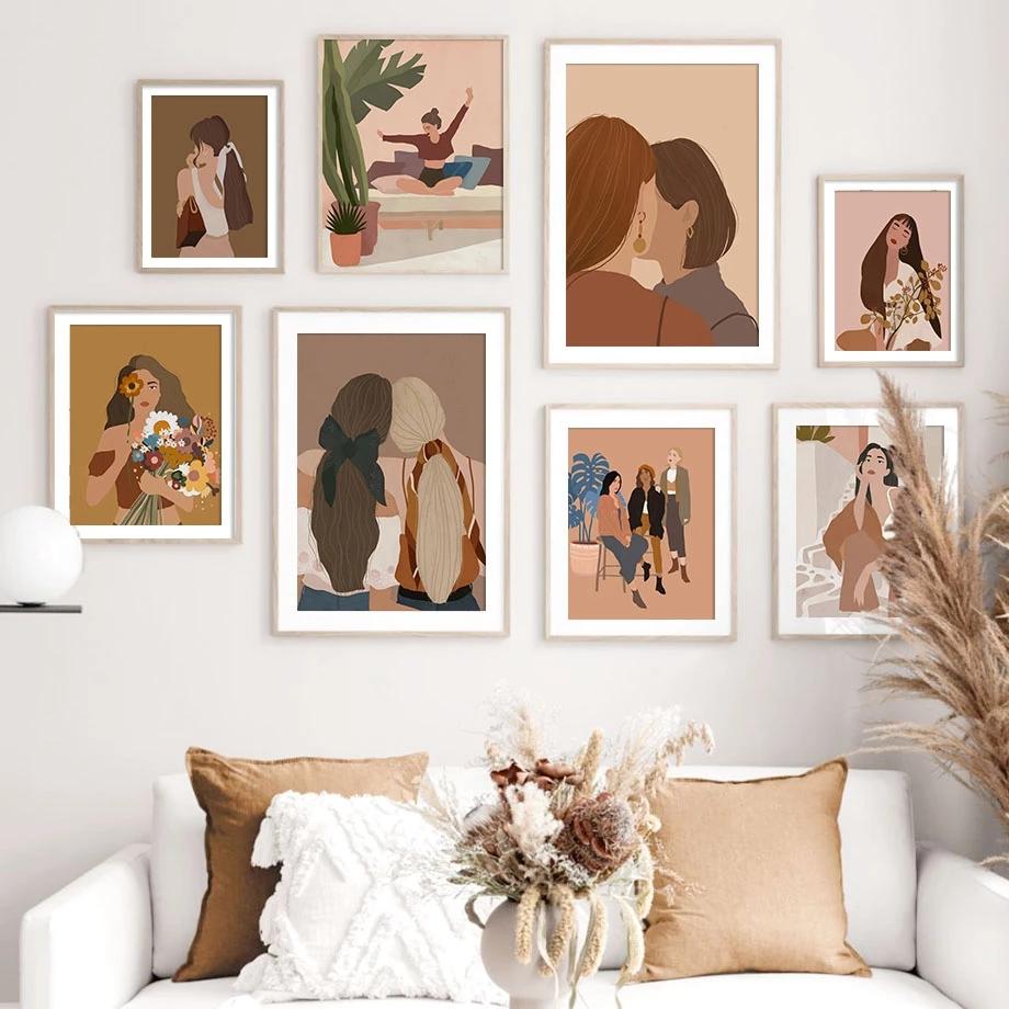 Solid Wood Frame Fashion Girl With Flower Woman Minimalist Wall Art Canvas Painting Nordic Home Decoration Posters And Prints Living Room Decor