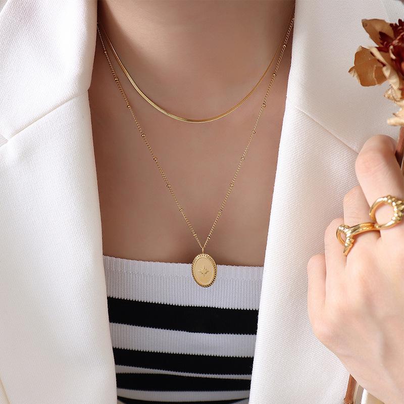 European Style Double-Layer Clover Pendant Necklace, 18K Gold-Plated Titanium Steel