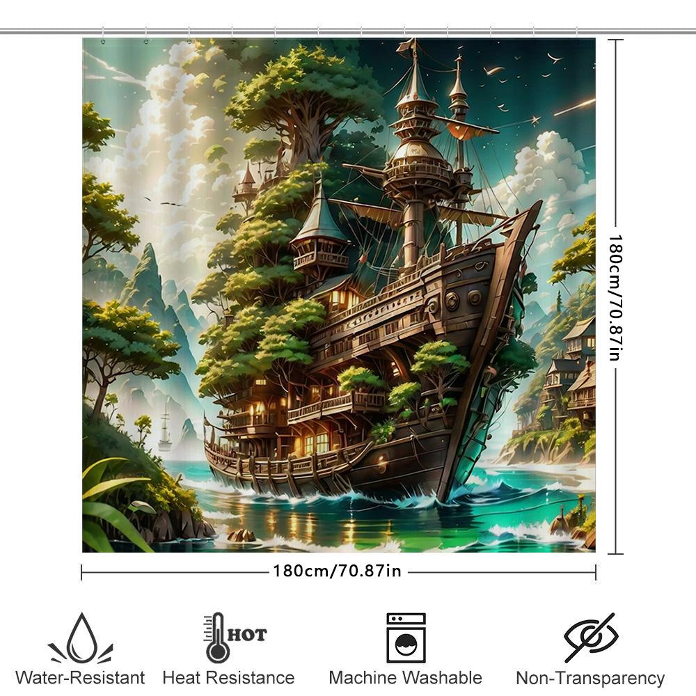 Cortina de Ducha Barco Casa del Árbol Bosque Fantasía Impresión 3D Impermeable Decoración del Hogar Para Baño (Talla72 X L84)