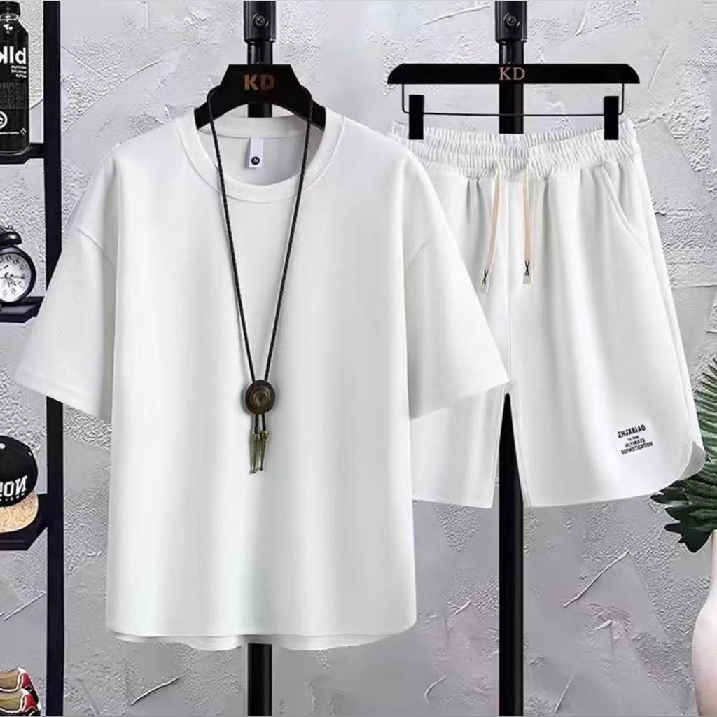 2025 Summer Japanese Trend Men's Solid Color Matching T-shirt & Long Pants Set